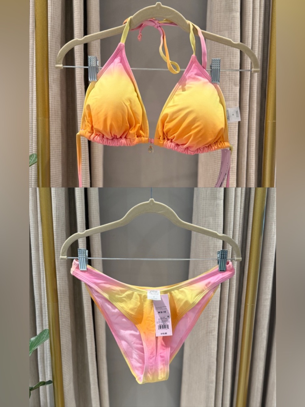 Shade & Shore Pink Yellow Ombre Triangle Bikini Top & Bottom Set